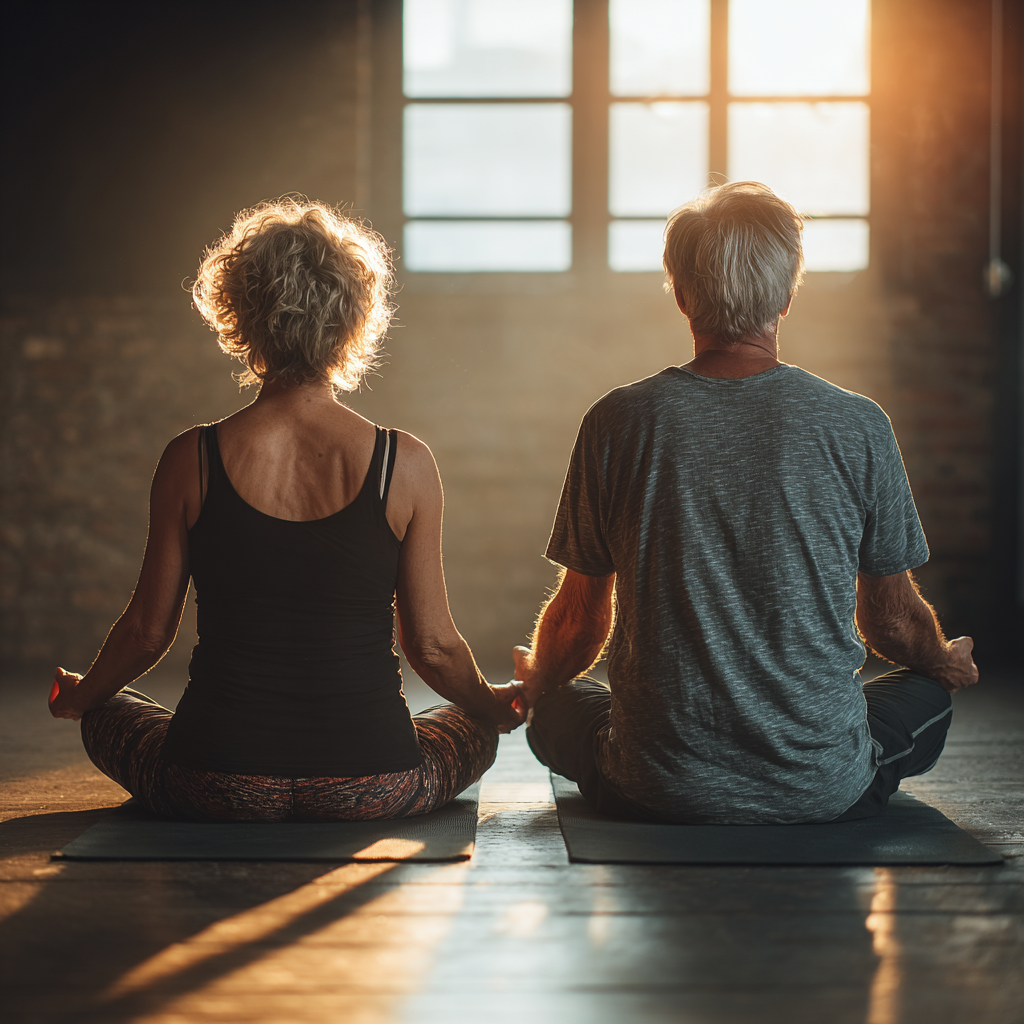Grup de seniori în sesiune de yoga